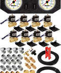 Three Eighth Inch NPT Air Ride Suspension High Flow Air Valves and Solenoids Kit for Four Corner Systems With 210 PSI Dual White Gauges Fittings and Hoses VXK3804GW 12V Power Source