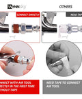 Comparison of air tool connections, one with direct connect from the 20-Piece 1/4 Inch NPT Air Tool Kit and one needing tape.