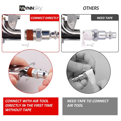 Comparison of air tool connections, one with direct connect from the 20-Piece 1/4 Inch NPT Air Tool Kit and one needing tape.
