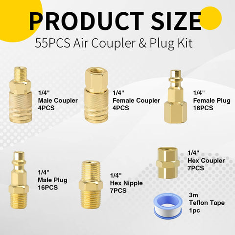 55 Piece Pro Grade Air Tool Fittings Set With Quick Connect Couplers And Nipples One Quarter Inch NPT Includes Male And Female Plugs