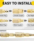 Components of 55 Piece Pro Grade Air Tool Fittings Set With Quick Connect Couplers And Nipples One Quarter Inch NPT Includes Male And Female Plugs.