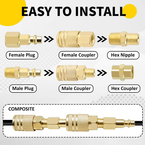 Components of 55 Piece Pro Grade Air Tool Fittings Set With Quick Connect Couplers And Nipples One Quarter Inch NPT Includes Male And Female Plugs.