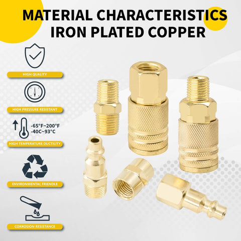55 Piece Pro Grade Air Tool Fittings Set with Quick Connect Couplers and Nipples One Quarter Inch NPT, copper fittings displayed