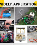 Collage showing 55 Piece Pro Grade Air Tool Fittings Set With Quick Connect Couplers And Nipples in various applications.
