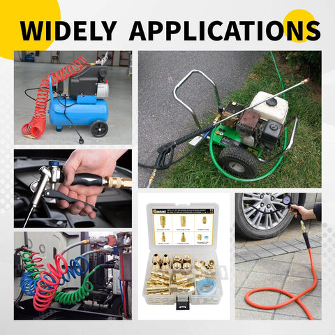 Collage showing 55 Piece Pro Grade Air Tool Fittings Set With Quick Connect Couplers And Nipples in various applications.
