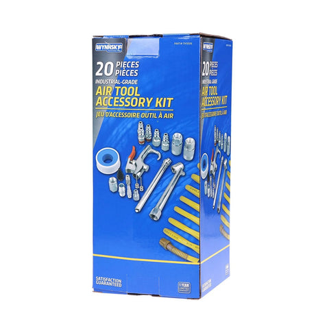 20-Piece 1/4 Inch NPT Air Tool Kit with a 25 ft coil nylon hose and tire gauge in packaging with accessories image