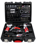 44 Piece Pro Grade Air Tool Accessory Kit with Heavy Duty Impact Wrench Air Ratchet Die Grinder Blow Gun Air Hammer Dual Air Chuck Tire Gauge and Essential Accessories for Home Garage and Auto Shop in a case.