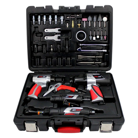44 Piece Pro Grade Air Tool Accessory Kit with Heavy Duty Impact Wrench Air Ratchet Die Grinder Blow Gun Air Hammer Dual Air Chuck Tire Gauge and Essential Accessories for Home Garage and Auto Shop in a case.