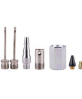 Accessories from 20-Piece 1/4 Inch NPT Air Tool Kit with a 25 ft coil nylon hose and tire gauge, including valve adapters and fittings.
