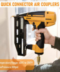 Person using a nail gun connected to a 1/4 Inch Brass Female Industrial Air Coupler Quick Connect, showing temperature and pressure ratings.