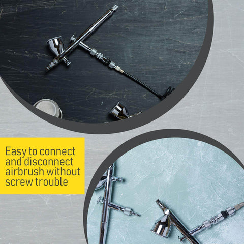 Image showing Quick Release Coupling Kit for Spray Gun Hoses connected to airbrush tools on dark and light surfaces.