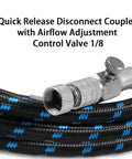 Quick release disconnect coupler on six foot braided airbrush hose with nylon exterior and rubber inner one eighth inch fittings
