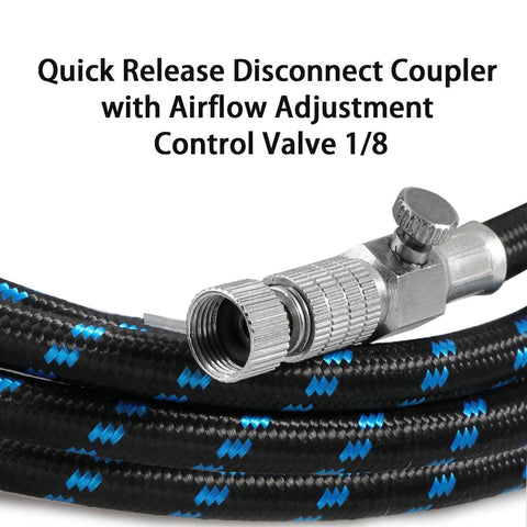 Quick release disconnect coupler on six foot braided airbrush hose with nylon exterior and rubber inner one eighth inch fittings