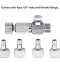 Harder Steenbeck Airbrush Quick Connect Quick Release Disconnect Adapter One Eighth Inch Male and Female Connections with Adjustable Control Valve shown with 4 fittings.