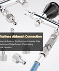 Airbrush Quick Disconnect Coupler Release Fitting And Plug Kit, Six One Eighth Inch BSP Male And Female Adapters shown with airbrush