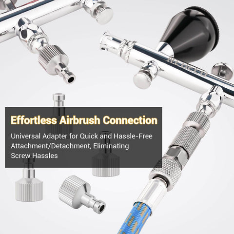 Airbrush Quick Disconnect Coupler Release Fitting And Plug Kit, Six One Eighth Inch BSP Male And Female Adapters shown with airbrush