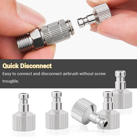 Close-up of Airbrush Quick Disconnect Coupler Release Fitting And Plug Kit, Six One Eighth Inch BSP Male And Female Adapters.