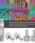 Five Piece Airbrush Quick Release Coupling Set With One Eighth Inch Female And Male Connectors For Air Hoses And Air Compressors Durable Metal Alloy Construction For Easy Tool Free Swaps And Efficient Painting, displayed with graffiti background.