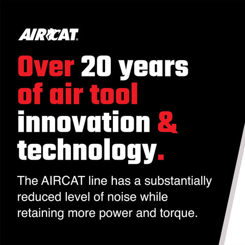 AirCat promotional banner highlighting over 20 years of air tool innovation and technology with reduced noise.