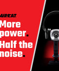 AirCat logo and promotional text for pneumatic tools with the slogan 'More power. Half the noise.' on a red and black background.