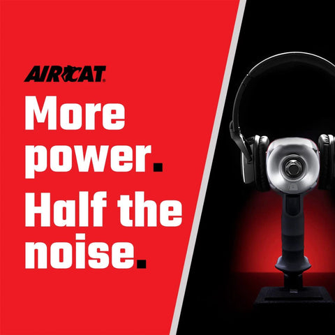 AirCat logo and promotional text for pneumatic tools with the slogan 'More power. Half the noise.' on a red and black background.