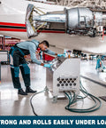 Technician working with equipment featuring Heavy Duty Industrial Casters 6 By 2 Inch Rigid And Brake Wheels on airplane part