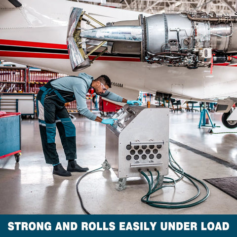 Technician working with equipment featuring Heavy Duty Industrial Casters 6 By 2 Inch Rigid And Brake Wheels on airplane part