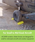 18 Inch Airplane Wheel Chocks For Small To Mid Sized Aircraft, Roped Pair For Polished Hangar Floors, Durable Lightweight Urethane, Yellow AC3518 RP P By Checkers shown in use on aircraft wheel