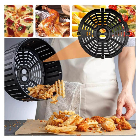 Person using Compatible For Airfryer Basket Replacement Grill Pan Oven Baking Tool Air Fryer Parts Plate Tray Food Divider Kitchen Accessories(15.5X15.5CM) to serve fries and chicken.