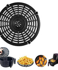 Compatible For Airfryer Basket Replacement Grill Pan Oven Baking Tool Air Fryer Parts Plate Tray Food Divider Kitchen Accessories(15.5X15.5CM) with round grill and divider, shown with air fryer illustrations and prepared food.