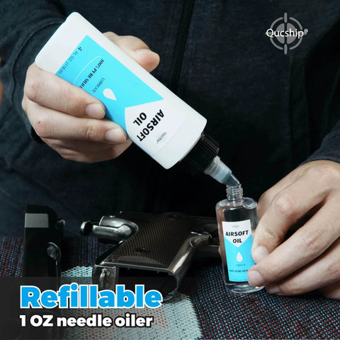 Man filling needle oiler with Airsoft Oil 4 oz & 1 oz Needle Oiler 100% Silicone Air Gun Oil, Multi-Purpose Airsoft Chamber Lube, All Purpose Silicone Lubricant for All Airgun next to airsoft gun.