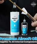 Airsoft Oil 4 oz & 1 oz Needle Oiler 100% Silicone Air Gun Oil, bottles with applicator in use, air gun lubrication, focus keyword.