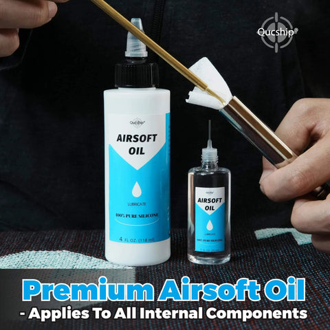 Airsoft Oil 4 oz & 1 oz Needle Oiler 100% Silicone Air Gun Oil, bottles with applicator in use, air gun lubrication, focus keyword.