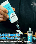 Airsoft Oil 4 oz & 1 oz Needle Oiler 100% Silicone Air Gun Oil shown with dropper top and application on fabric.