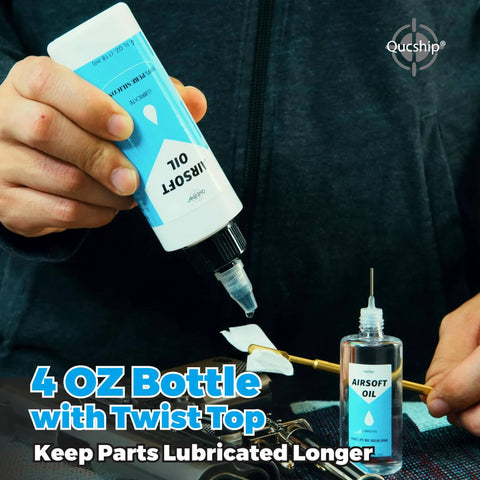 Airsoft Oil 4 oz & 1 oz Needle Oiler 100% Silicone Air Gun Oil shown with dropper top and application on fabric.