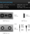 Specifications sheet for Airtitan T8 Crawl Space Vent Fan With WiFi App Temperature Humidity Controller For Basement Exhaust And Odor Control IP55 Rated Programmable Scheduling Timers VPD Monitoring And No Fuss Setup showing dimensions.