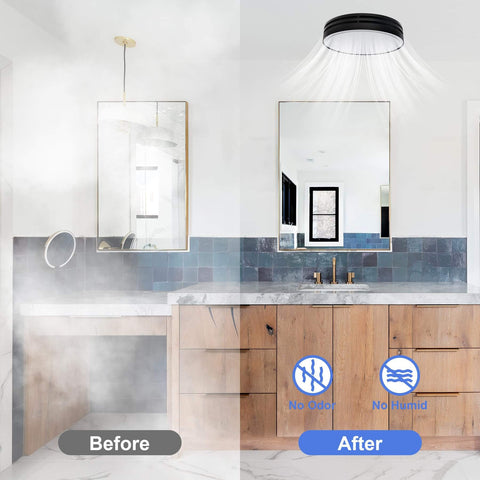 Before and after image of bathroom with Powerful 110 CFM Bathroom Exhaust Fan With Light From Akicon installed, reducing fog.