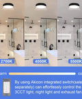 Powerful 110 CFM Bathroom Exhaust Fan With Light From Akicon, Ultra Quiet 2.0 Sones, showcasing light color options in a bathroom.