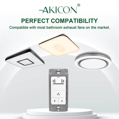 Smart Humidity Sensor Light Switch for Bathroom Exhaust Fans, Ventilation Fans, LED Lights, and Night Light with Auto Humidity Control, Timer Function, 3 Amp UL Listed, White Akicon displayed with compatible fan covers.