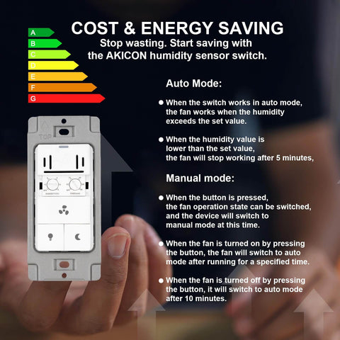 Close-up of Akicon Smart Humidity Sensor Light Switch for Bathroom Exhaust Fans, Ventilation Fans, LED Lights, and Night Light.