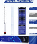 home distiller alcohol hydrometer kit with proof and Tralle scale for measuring spirits and high-proof beverages, includes cleaning cloth and case.