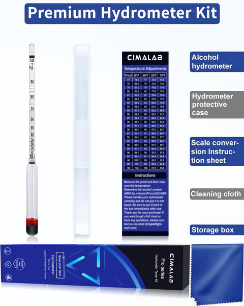 home distiller alcohol hydrometer kit with proof and Tralle scale for measuring spirits and high-proof beverages, includes cleaning cloth and case.