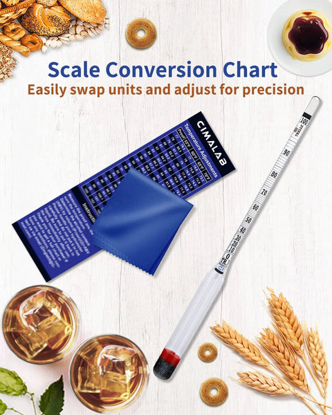 Home distiller alcohol hydrometer kit with scale conversion chart for precise spirit proofing.