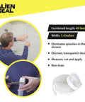 Person applying Alien Draft Seal Set of 49 Feet Anti-Draft Adhesive to shower, showing flexible silicone roll and cutting process.