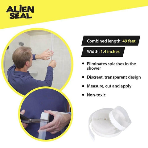 Person applying Alien Draft Seal Set of 49 Feet Anti-Draft Adhesive to shower, showing flexible silicone roll and cutting process.