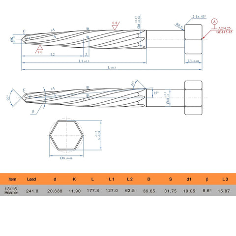 Technical drawing of Aligning Reamer Tool Pro Grade HSS M2 Spiral Flute With 13 Sixteenth Inch Cutter Diameter and Machined Hex Shank.
