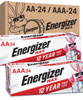 Alkaline AA And AAA Battery Combo Pack 48 Count For Everyday Devices, including AA24 and AAA24 boxes, 12-year shelf life, packaging view
