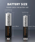 AA And AAA Battery Combo Pack 48 Count 24 AA 24 AAA Alkaline 1.5V Shelf Life with size dimensions shown.