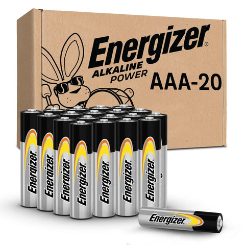 Alkaline AAA Batteries 20 Pack Long Lasting Power For Everyday Devices displayed with packaging and batteries in front