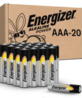 Box and 20-pack of Energizer Alkaline AAA Batteries with Long Lasting Power For Everyday Devices displayed in front view.